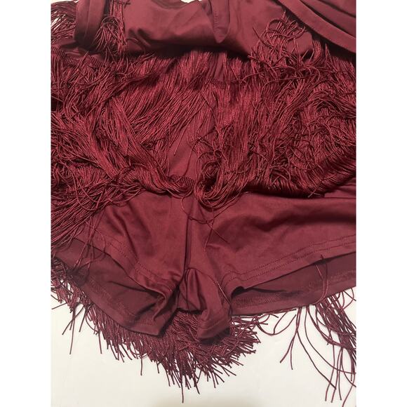 Deep V-Neck Cross Back Fringed Skirt Romper Jumpsuit Burgandy Size L - Picture 8 of 16